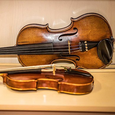 Eine Violine und eine Viola in einer Instrumentenvitrine