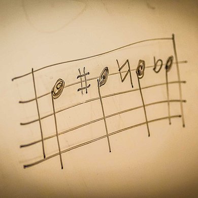 Von Hand geschriebenes Notensystem an einer Tafel mit 4 Viertelnoten, #, b und Aufhebungszeichen